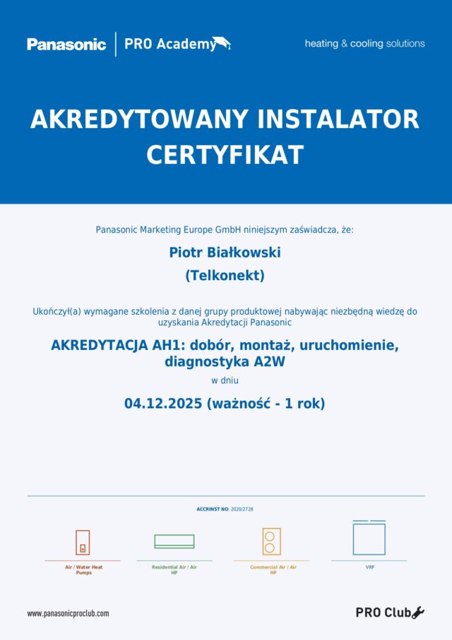 Certyfikaty instalatora OZE Łódź - certyfikat AH1 Panasonic dla Piotra Białkowskiego