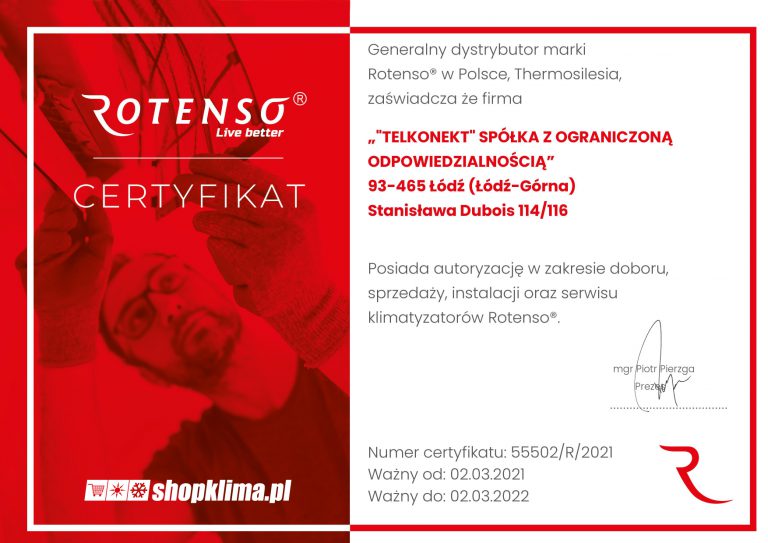 Klimatyzacja do sklepu i lokalu usługowego 13 Certyfikat autoryzacji Rotenso