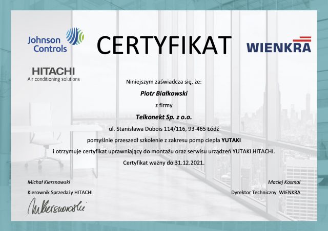 Certyfikat Hitachi Yutaki uprawniający do montażu i serwisu pomp ciepła Hitachi Yutaki