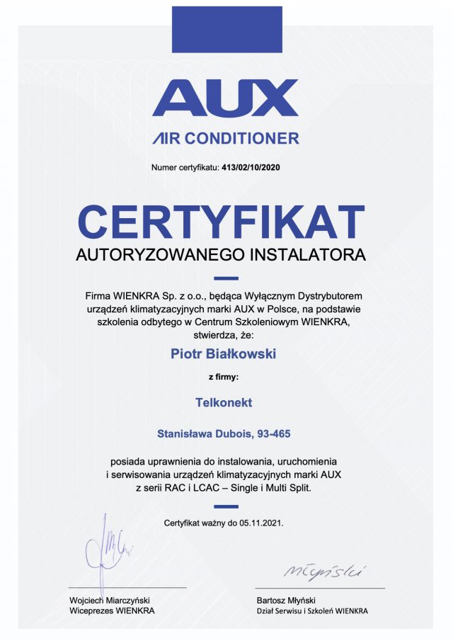 Certyfikat autoryzowanego instalatora AUX – uprawnienia do instalacji, uruchamiania i serwisowania klimatyzatorów AUX RAC i LCAC Single oraz Multi Split