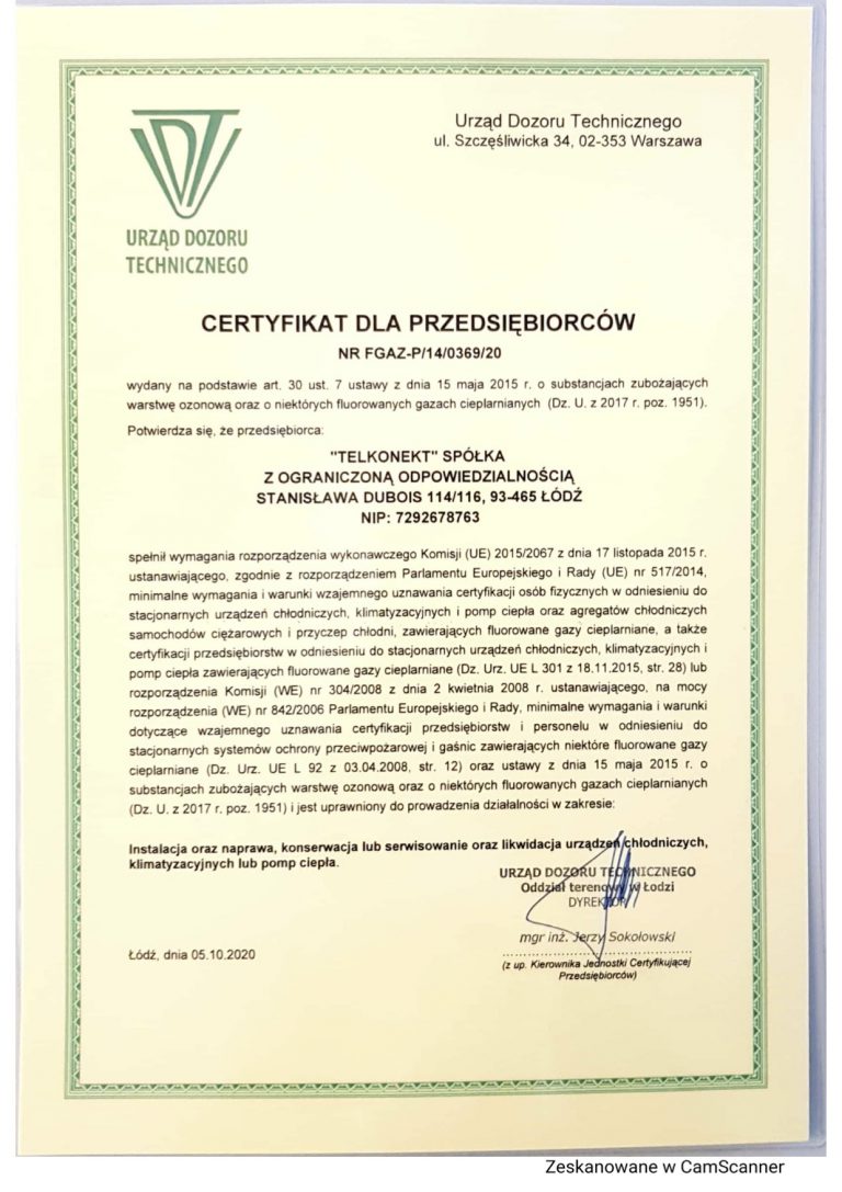 Certyfikat F-gaz Urzędu Dozoru Technicznego