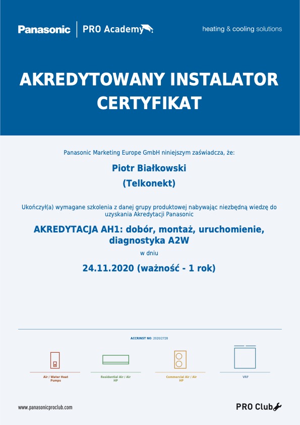 Pompa ciepła Panasonic Aquarea – opinie instalatora: co sprawdza się w praktyce 1 Akredytacja instalatora Panasonic w zakresie pomp ciepła powietrze-woda