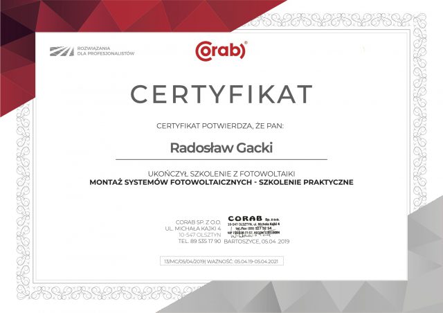 Certyfikat CORAB ukończenia praktycznego szkolenia z montażu systemów fotowoltaicznych