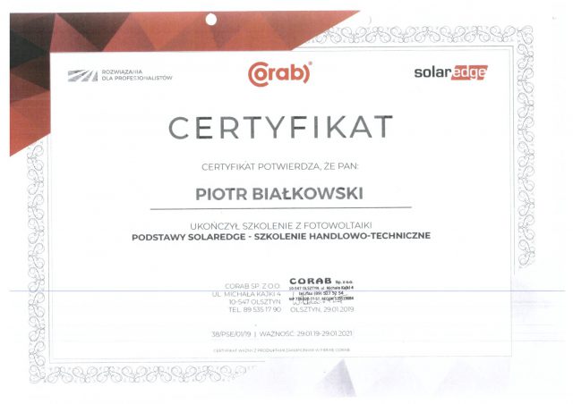 Certyfikat CORAB i SolarEdge ukończenia szkolenia handlowo-technicznego z podstaw systemów SolarEdge w fotowoltaice