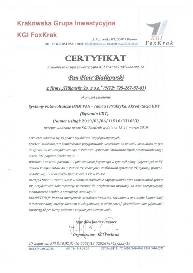 Certyfikat ukończenia szkolenia "Systemy Fotowoltaiczne IMIM PAN – Teoria i Praktyka" z akredytacją UDT dla instalatora systemów fotowoltaicznych