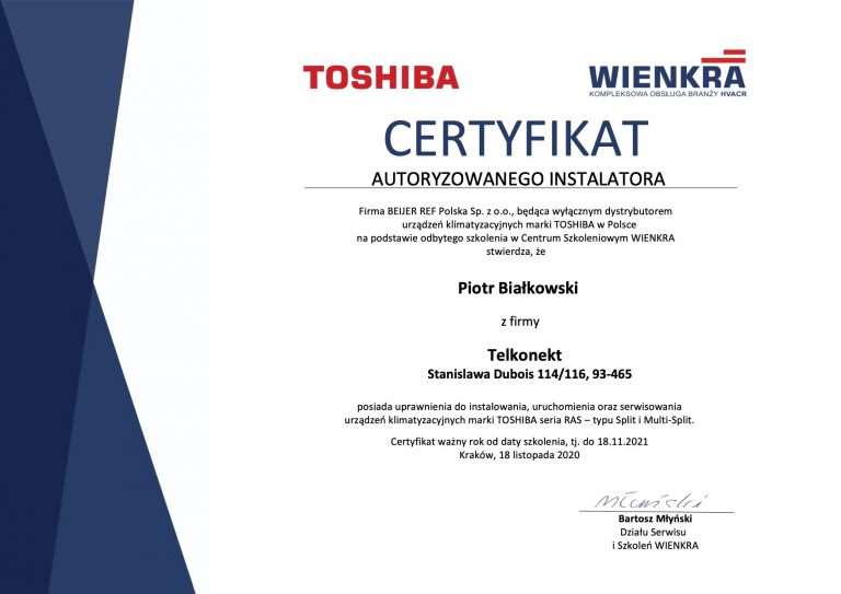 Certyfikat autoryzowanego instalatora Toshiba