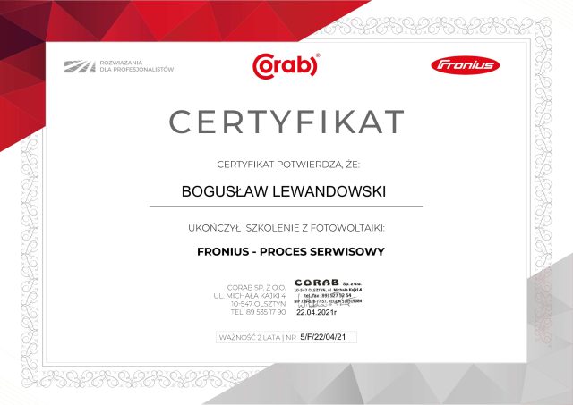 Certyfikat ukończenia szkolenia z fotowoltaiki Fronius - proces serwisowy wydany przez firmę Corab.