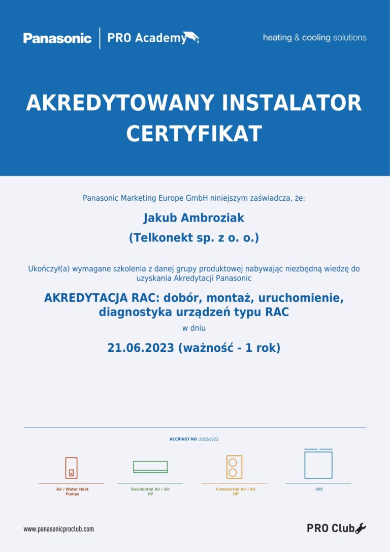 Akredytacja Panasonic PRO Academy dla instalatora Łódzkiego Centrum OZE