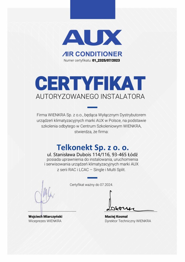 Certyfikat autoryzowanego instalatora AUX