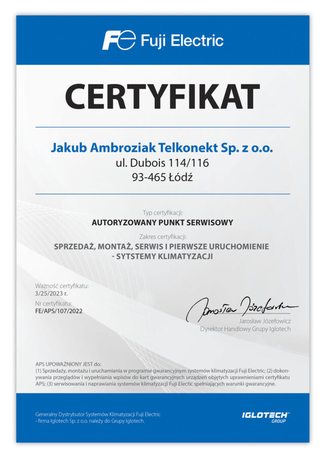 Certyfikat autoryzowanego punktu serwisowego Fuji Electric w zakresie sprzedaży, montażu i serwisu systemów klimatyzacji.