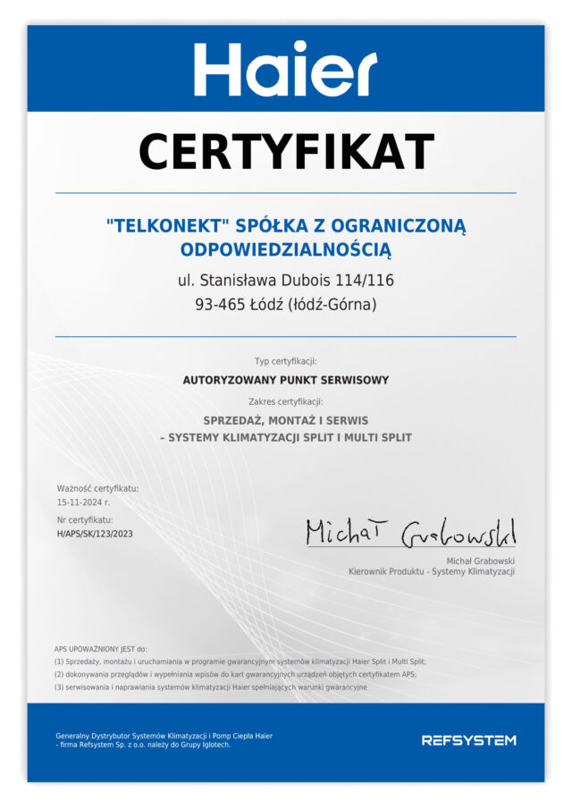 Certyfikat autoryzowanego punktu serwisowego Haier dla firmy Telkonekt w zakresie sprzedaży, montażu i serwisu systemów klimatyzacji Split i Multi Split.