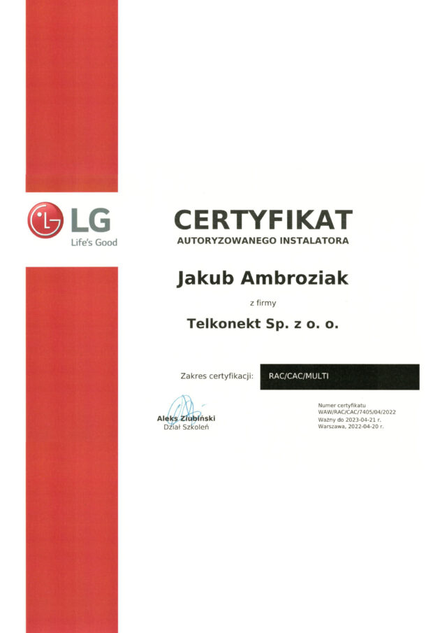 Certyfikat autoryzowanego instalatora LG dla Jakuba Ambroziaka z firmy Telkonekt Sp. z o. o. w zakresie systemów RAC/CAC/MULTI.