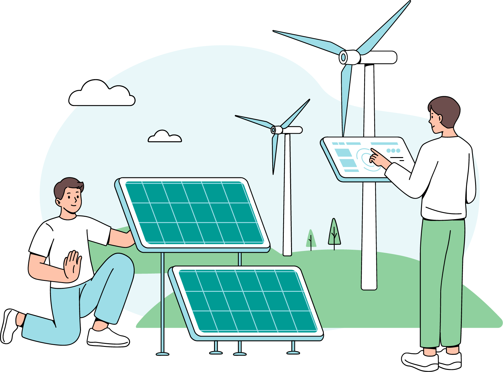 Ilustracja odnawialnych źródeł energii – ludzie przy panelach fotowoltaicznych i turbinach wiatrowych z panelem sterowania