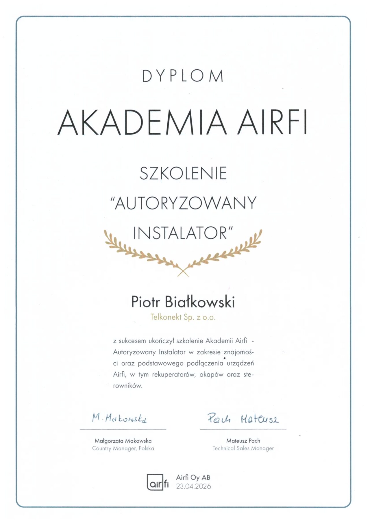 Certyfikat Autoryzowanego Instalatora Rekuperatorów AirFi Łódzkiego Centrum OZE
