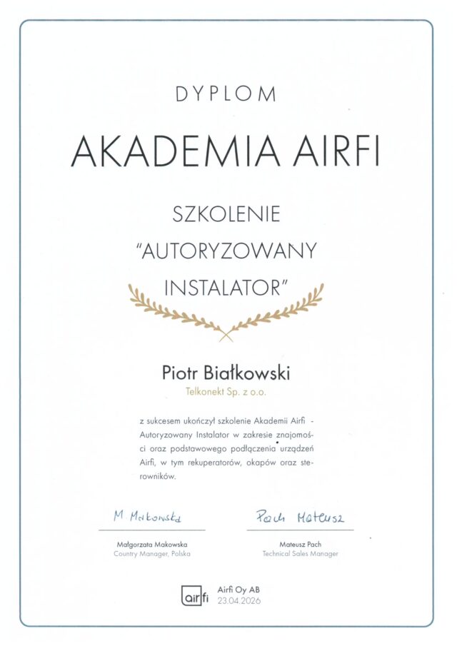 Certyfikat Autoryzowanego Instalatora Rekuperatorów AirFi Łódzkiego Centrum OZE