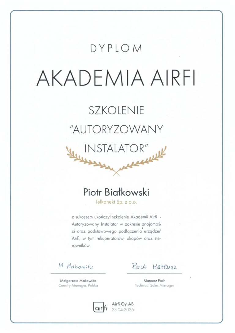 Projekt rekuperacji – wentylacja zaprojektowana według norm 2 Certyfikat autoryzowanego instalatora rekuperatorów AirFi – Łódzkie Centrum OZE