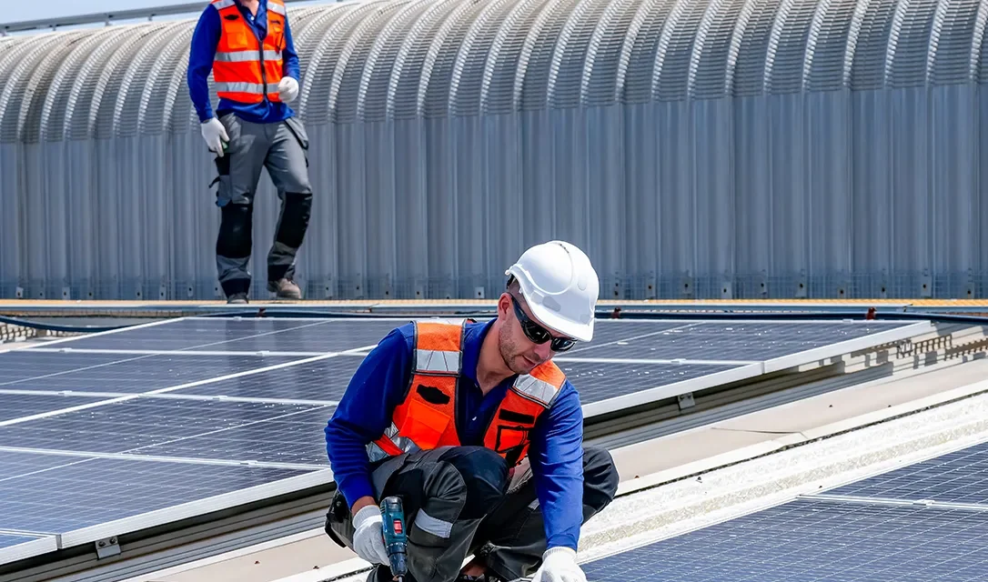 Instalatorzy Łódzkiego Centrum OZE przy montażu paneli fotowoltaicznych na dachu hali